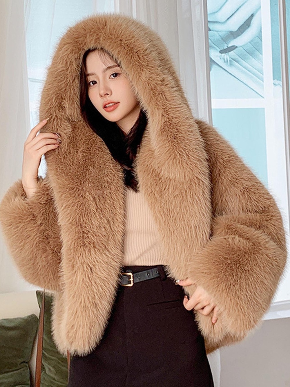 Luxury Oversized Faux Fur Hooded Coat | Plush Winter Jacket | Camel Beige - M